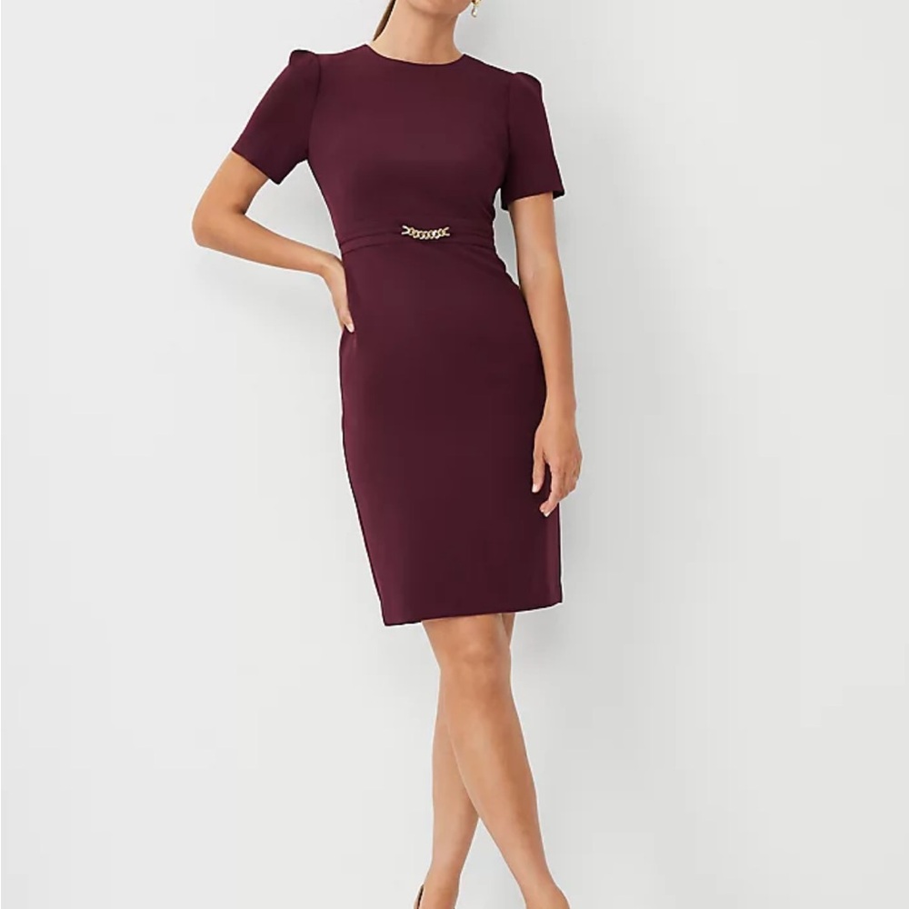 Ann Taylor Burgundy Sheath Dress with Chain Belt